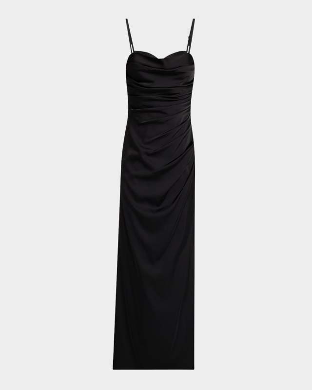 Pleated Side-Slit Satin Column Gown